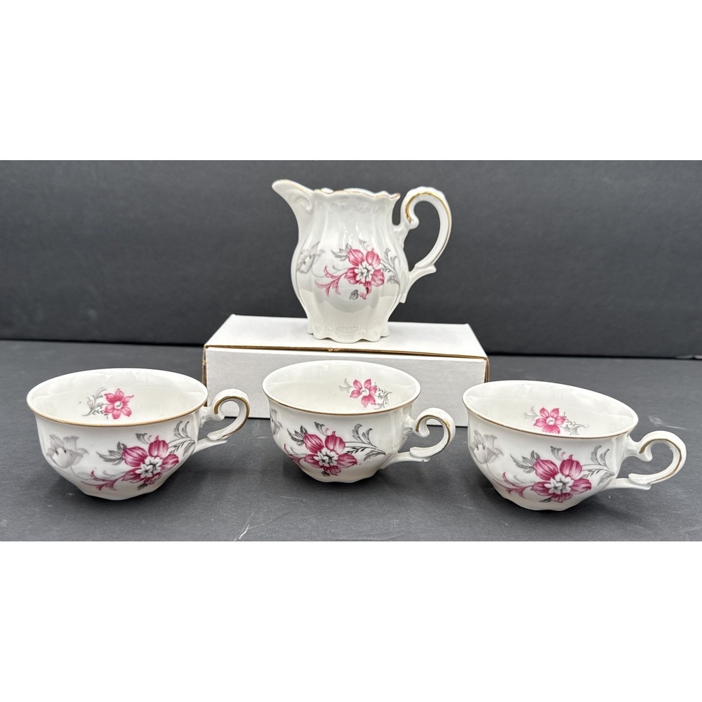 Vintage Germany U.S. Zone 3 Demitasse Cups & Creamer Pink Floral Gold